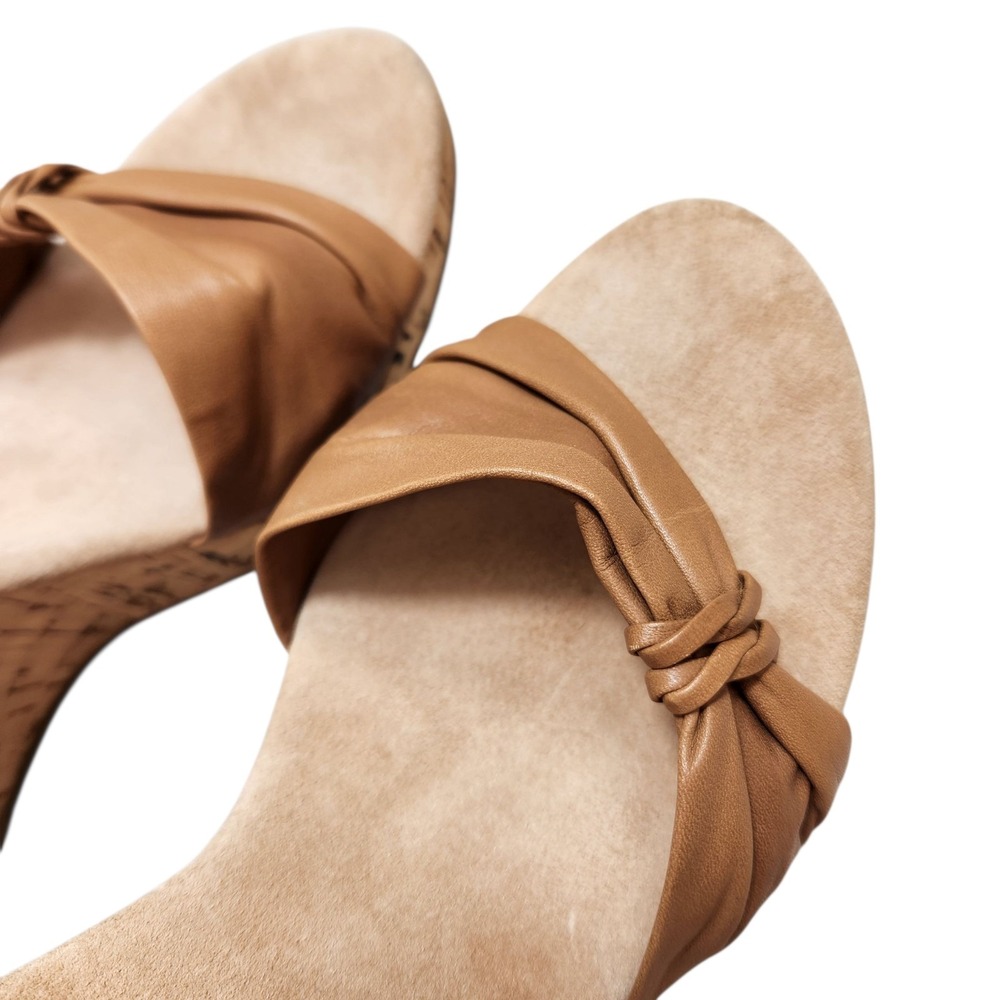 WHBM Size 9 Leather Ankle Strap Cork Wedges 4.5 Inch Heel Tan Nude Comfort Boho - Picture 8 of 11
